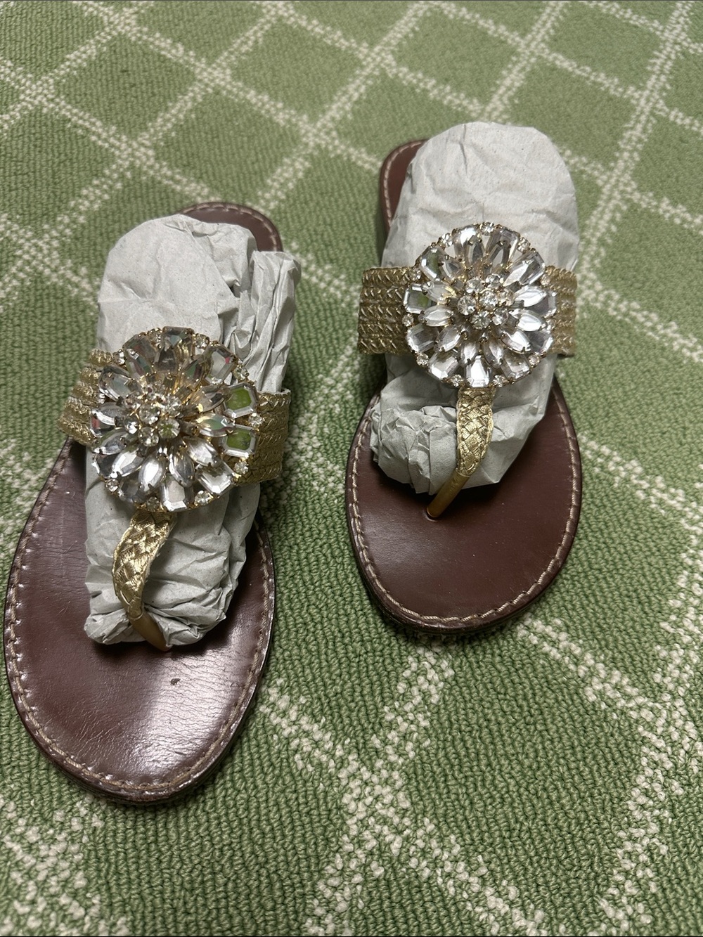 Beverly Feldman Gold Jeweled Floral Toe-Post Sandals